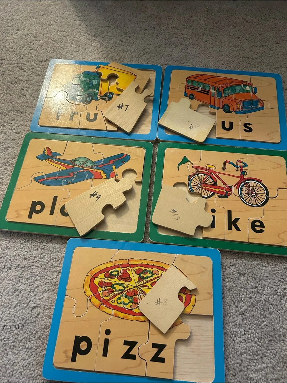 Kids Wooden Puzzle Set - Vehicles & Food - Blue/Green 2003